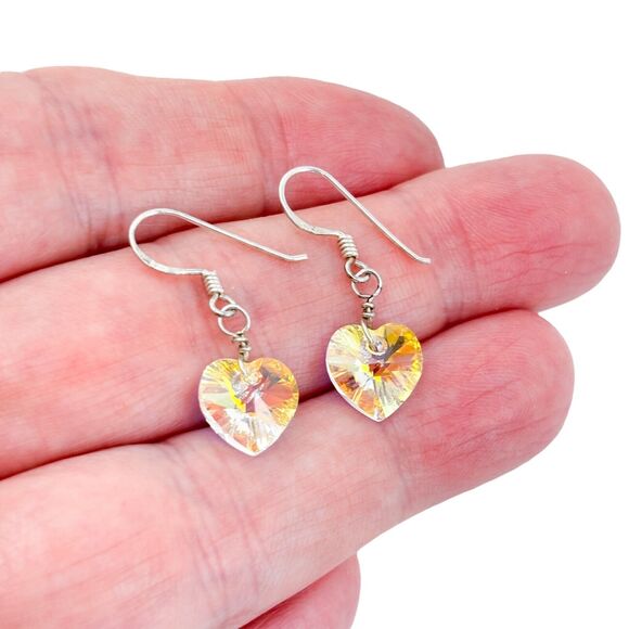 Crystal Heart Dangle Earrings | Vintage Sterling Silver 925 - Picture 1 of 7